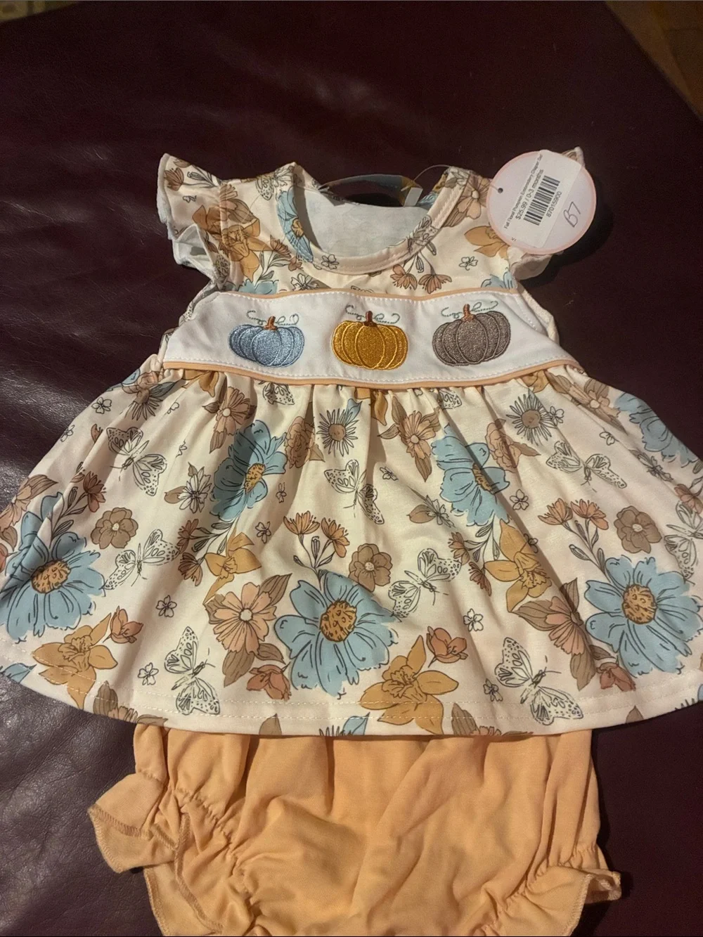 Baby Floral Pumpkin Dress & Bloomers Set in Cream, Blue, and Tan